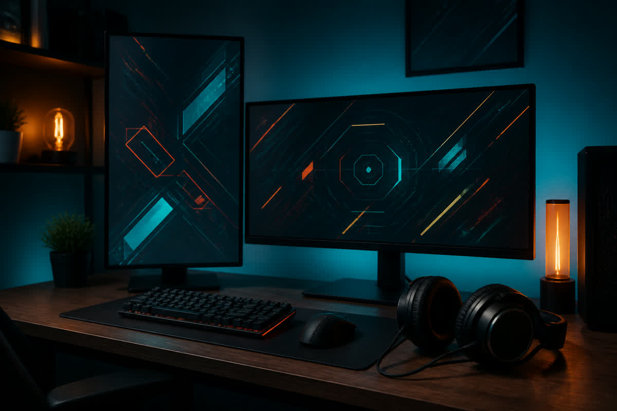 E-sport asztal billentyűzettel és monitorokkal